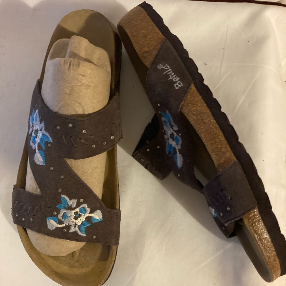 Betula Birkenstock Zara Womens Brown Leather Embroidered Floral Sandals Sz 11 42